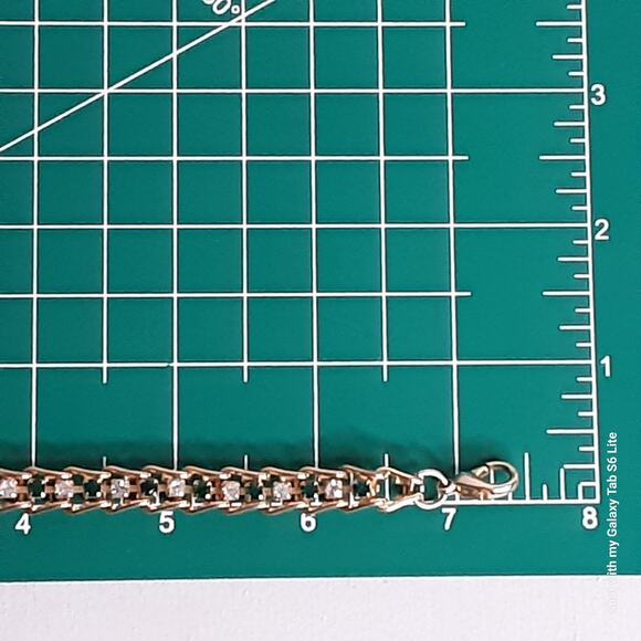 Gold Tone Chain Link Bracelet String Of Green Clear Rhinestones Lobster Clasp - Picture 9 of 10